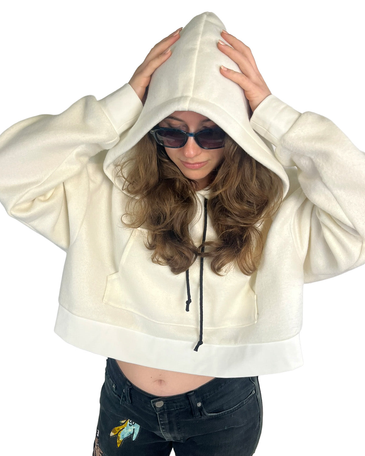 Ivory Cropped Fleece Hoodie