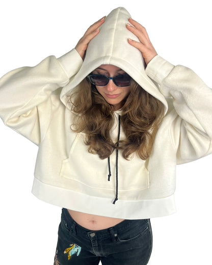 Ivory Cropped Fleece Hoodie