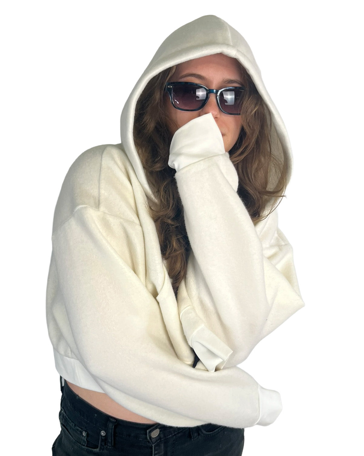 Ivory Cropped Fleece Hoodie