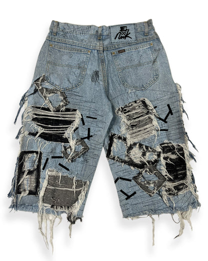 Open-Side Distressed Patchwork Denim Shorts