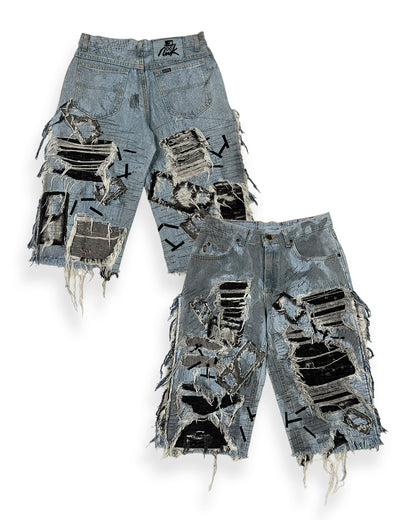 Open-Side Distressed Patchwork Denim Shorts
