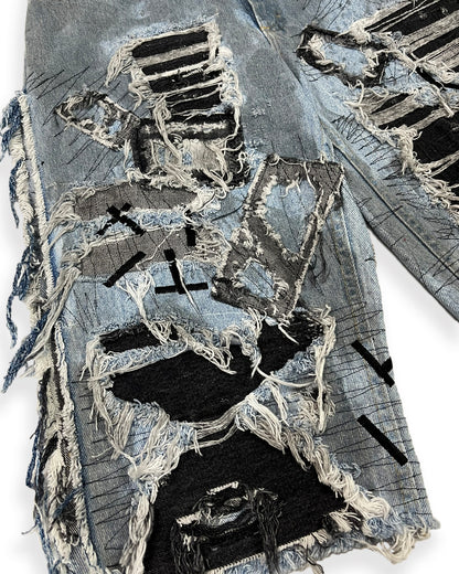 Open-Side Distressed Patchwork Denim Shorts