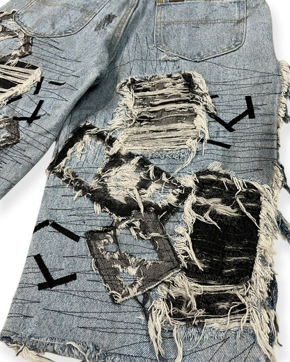 Open-Side Distressed Patchwork Denim Shorts