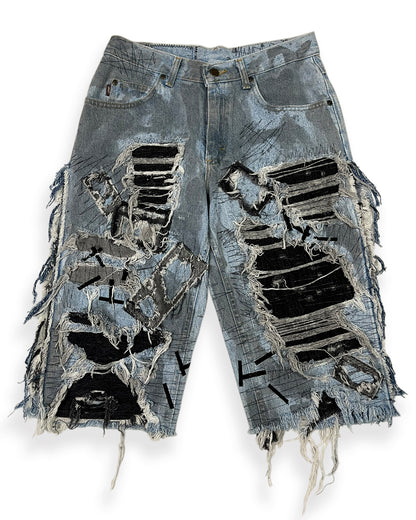 Open-Side Distressed Patchwork Denim Shorts