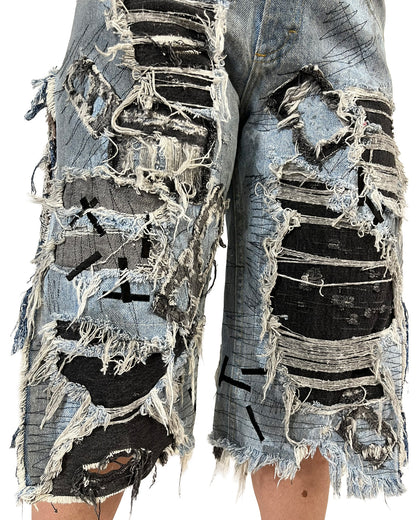 Open-Side Distressed Patchwork Denim Shorts