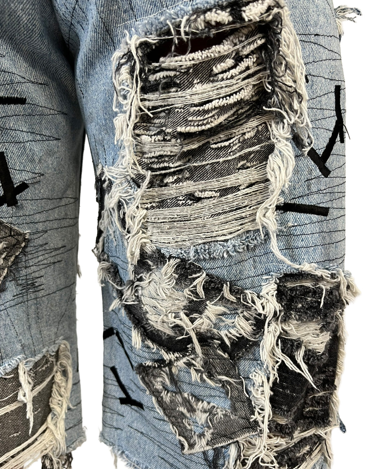 Open-Side Distressed Patchwork Denim Shorts
