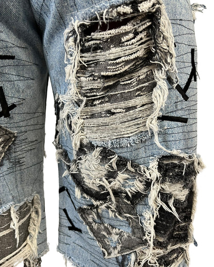 Open-Side Distressed Patchwork Denim Shorts