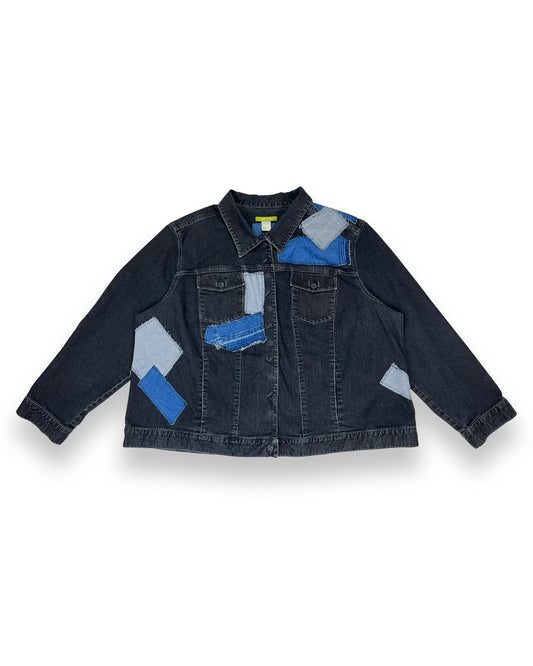 Black Denim Patchwork Button-Up Jacket