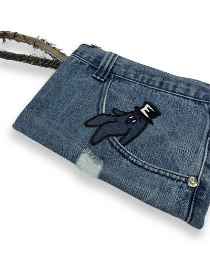 Denim Bop Patch Zipper Wristlet Bag